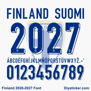 Finland 2026-2027 Kit Font Preview Finland 2026-2027 Font preview featuring blue 3D block numbers and letters for national team soccer jerseys.