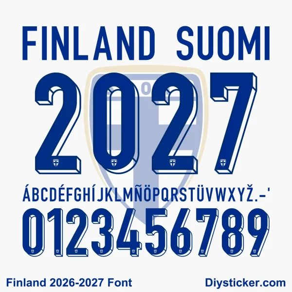 Finland 2026-2027 Kit Font Preview Finland 2026-2027 Font preview featuring blue 3D block numbers and letters for national team soccer jerseys.