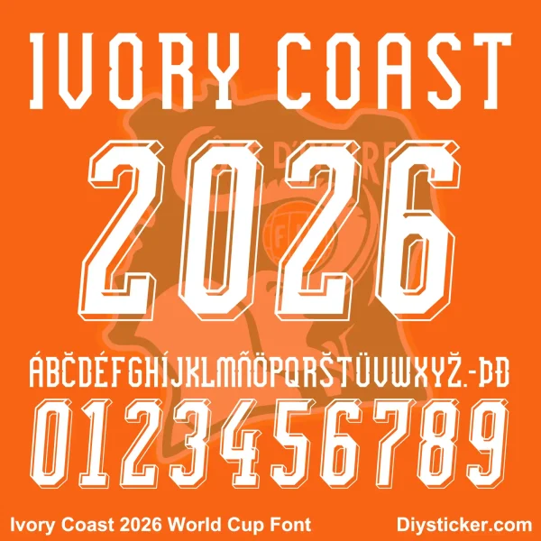 ivory-coast-2026-world-cup-font-vector Ivory Coast 2026 World Cup jersey font numbers and alphabet vector preview in silver and orange.