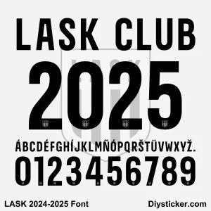 LASK 2024-2025 Font preview with black condensed numbers and letters featuring the club crest on a light background.