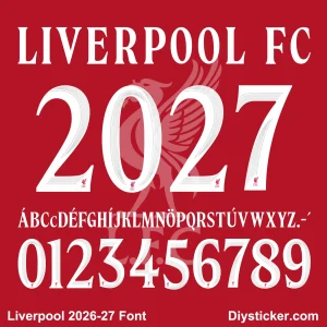 Complete character set of the Liverpool 2026-2027 font download pack showing letters, numbers, and vector types
