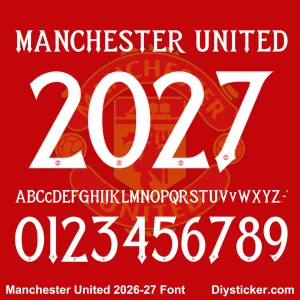 Manchester United 2026-2027 Font preview Manchester United 2026-2027 Font preview showing white jersey numbers and alphabet letters on a red background.