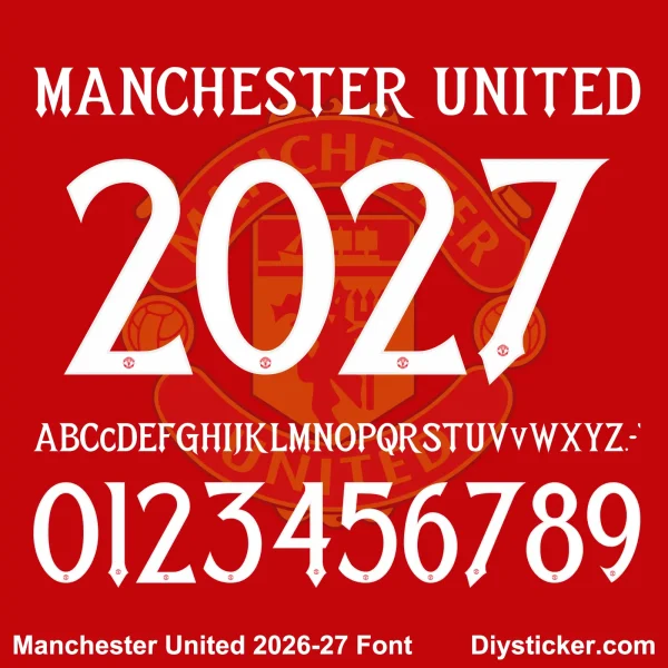 Manchester United 2026-2027 Font preview Manchester United 2026-2027 Font preview showing white jersey numbers and alphabet letters on a red background.