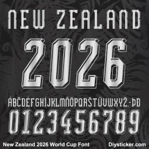 New Zealand 2026 World Cup Font preview New Zealand 2026 World Cup font alphabet and numbers vector preview in silver metallic style.