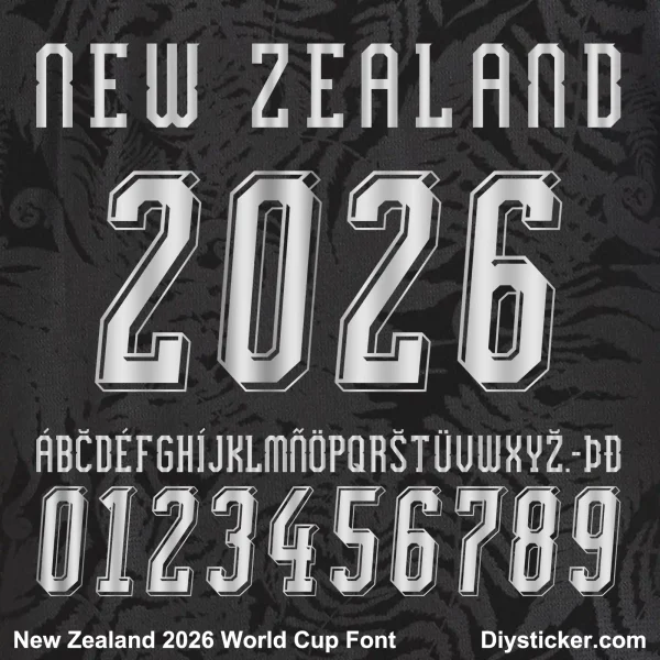 New Zealand 2026 World Cup Font preview New Zealand 2026 World Cup font alphabet and numbers vector preview in silver metallic style.