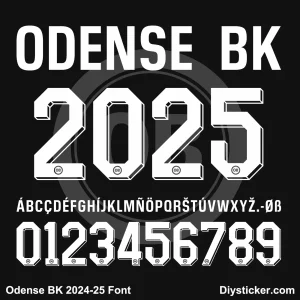 Odense BK 2024-2025 Jersey Font Vector Odense BK 2024-25 Font preview showing white 3D block numbers and alphabet on black background.