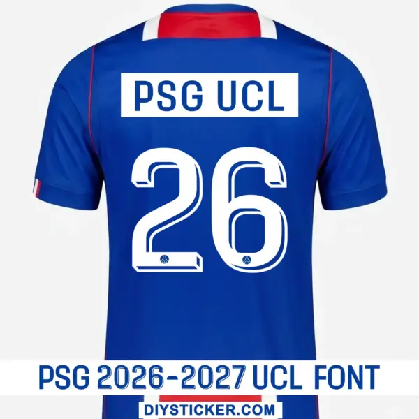 pag-2026-2027-ucl-font-application-effect PSG 2026-2027 UCL font applied on blue home shirt back showing number twenty seven and white nameplate box layout