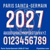 PSG 2026-27 Font Vector Sheet Official PSG 2026-27 font download sheet featuring the full white and red alphabet and numbers.