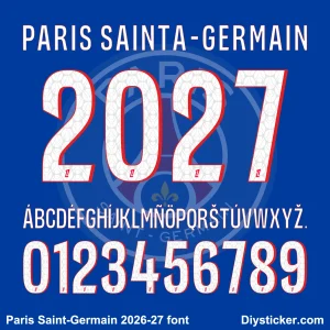 Official PSG 2026-27 font download sheet featuring the full white and red alphabet and numbers.