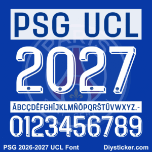 Complete alphabet characters and number vector map sheet for the downloadable PSG 2026-2027 UCL font package