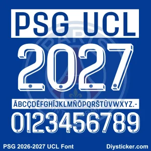 Complete alphabet characters and number vector map sheet for the downloadable PSG 2026-2027 UCL font package