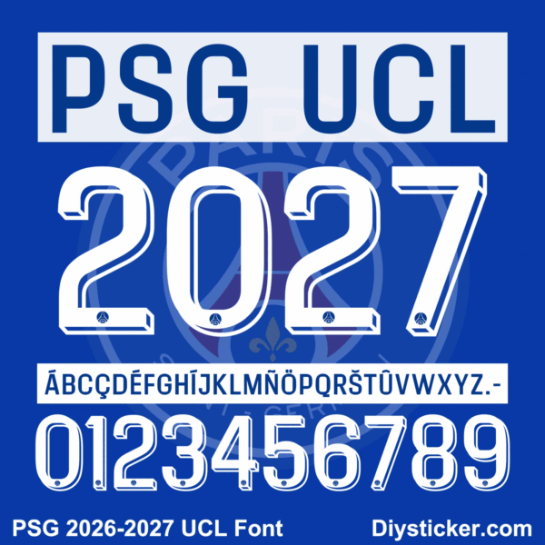 paris-saint-germain-psg-2026-2027-ucl-font-download Complete alphabet characters and number vector map sheet for the downloadable PSG 2026-2027 UCL font package