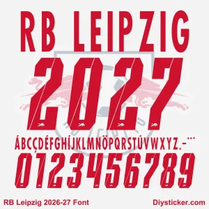 RB Leipzig 2026-2027 Font Vector Kit RB Leipzig 2026-27 Font vector preview featuring red numbers and alphabet with club logo details.