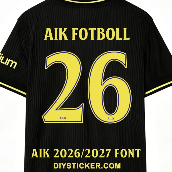 aik-2026-2027-font-jersey-effect AIK 2026-2027 font applied on black striped jersey back showing yellow text and outlined number twenty six layout