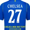 chelsea-2026-2027-font-application-effect Chelsea 2026-2027 font applied on blue jersey back showing white text and sharp serif number twenty seven layout