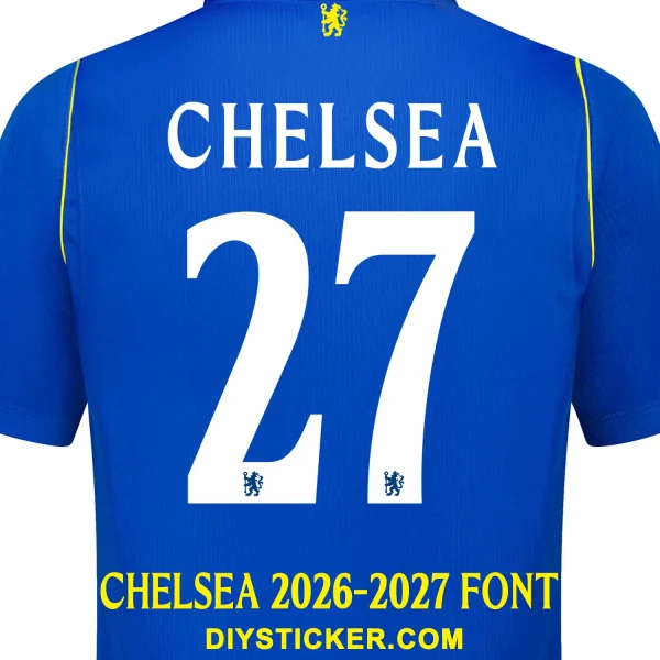 chelsea-2026-2027-font-application-effect Chelsea 2026-2027 font applied on blue jersey back showing white text and sharp serif number twenty seven layout