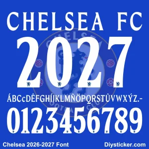 Complete white alphabet letter vectors and sharp number character map sheet for Chelsea 2026-2027 font pack download