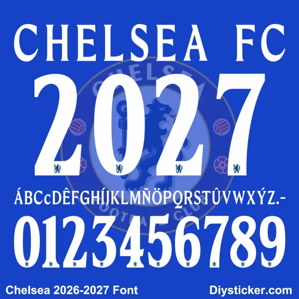 chelsea-2026-2027-font-download Complete white alphabet letter vectors and sharp number character map sheet for Chelsea 2026-2027 font pack download