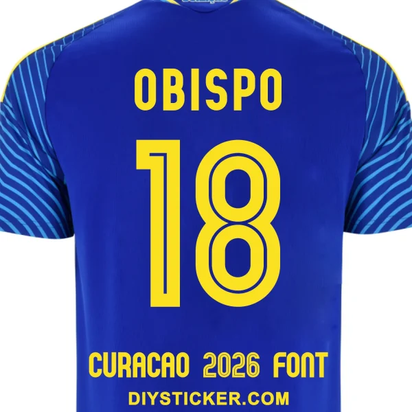 curacao-2026-world-cup-font-application-effect Curacao 2026 World Cup font download on blue jersey with yellow inline number eighteen layout and Obispo name