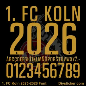 1. FC Koln 2025-2026 away font TTF vector kit complete character sheet alphabet glyphs and gold numbers zero to nine with cathedral spire detail