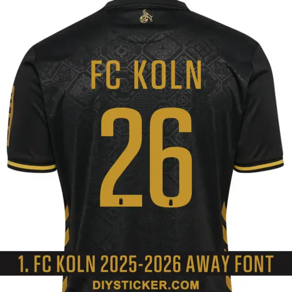 1. FC Koln 2025-2026 away font download on black jersey with gold number twenty six layout