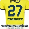 fenerbahce-2026-2027-font-application-effect Fenerbahce 2026-2027 font applied on yellow home shirt back showing navy number 27 and team name layout