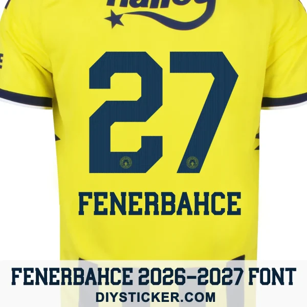 fenerbahce-2026-2027-font-application-effect Fenerbahce 2026-2027 font applied on yellow home shirt back showing navy number 27 and team name layout