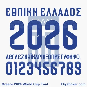 Greece 2026 World Cup font Greek alphabet edition TTF vector kit complete character sheet with native alphabet glyphs and halftone gradient numbers zero to nine