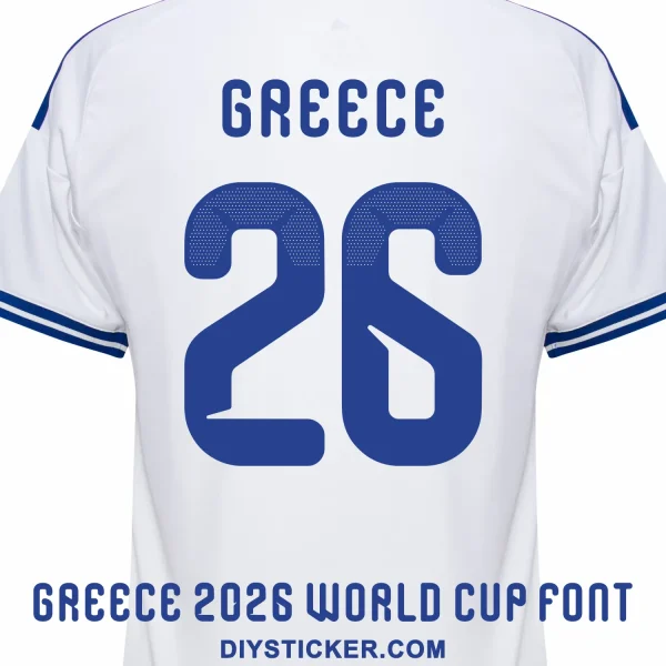 greece-2026-world-cup-font-jersey-effect Greece 2026 World Cup font download on white jersey with royal blue halftone gradient number 26 layout
