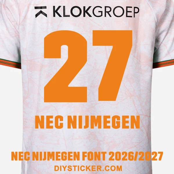 nec-nijmegen-2026-2027-font-application-effect NEC Nijmegen 2026-2027 font download on white patterned jersey with solid orange number twenty seven layout