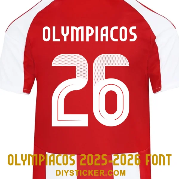 olympiacos-2025-2026-font-application-effect Olympiacos 2025-2026 font applied on red home shirt back showing name Olympiacos and white number 26