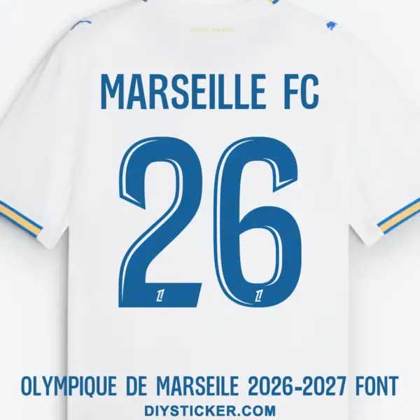 olympique-de-marseille-2026-2027-font-application-effect Olympique de Marseille 2026-2027 font download on white jersey with sky blue number twenty six layout