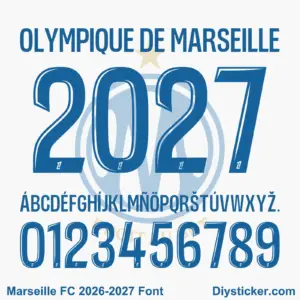 Olympique de Marseille 2026-2027 font TTF vector kit complete character sheet alphabet glyphs and blue inline numbers zero to nine