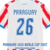 paraguay-2026-world-cup-font-jersey-effect Paraguay 2026 World Cup font download on white and red striped jersey with blue 3D drop shadow number twenty six layout