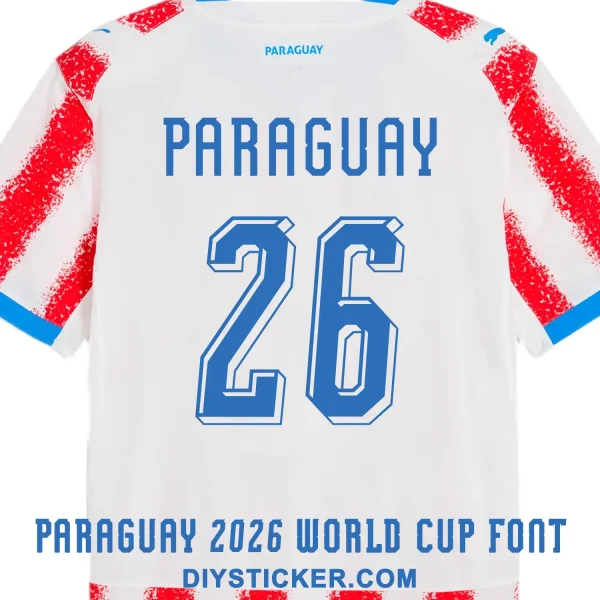 paraguay-2026-world-cup-font-jersey-effect Paraguay 2026 World Cup font download on white and red striped jersey with blue 3D drop shadow number twenty six layout