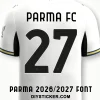 parma-2026-2027-font-application-effect Parma 2026-2027 font applied on white jersey back showing black text Parma FC and number twenty seven layout