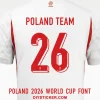 poland-2026-world-cup-font-jersey-effect Poland 2026 World Cup font download on white jersey with red 3D dimensional block shadow number twenty six layout