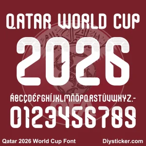 Qatar 2026 World Cup font TTF vector kit complete character sheet alphabet glyphs and halftone gradient numbers zero to nine