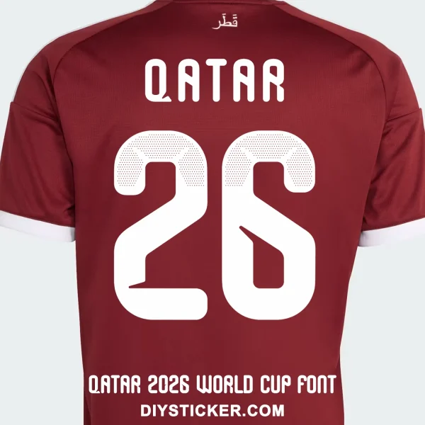 qatar-2026-world-cup-font-jersey-effect Qatar 2026 World Cup font download on maroon jersey with white halftone gradient number twenty six layout