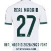 real-madrid-2026-2027-font-application-effect Real Madrid 2026-2027 font applied on white jersey back showing dark green text and numbers twenty seven layout