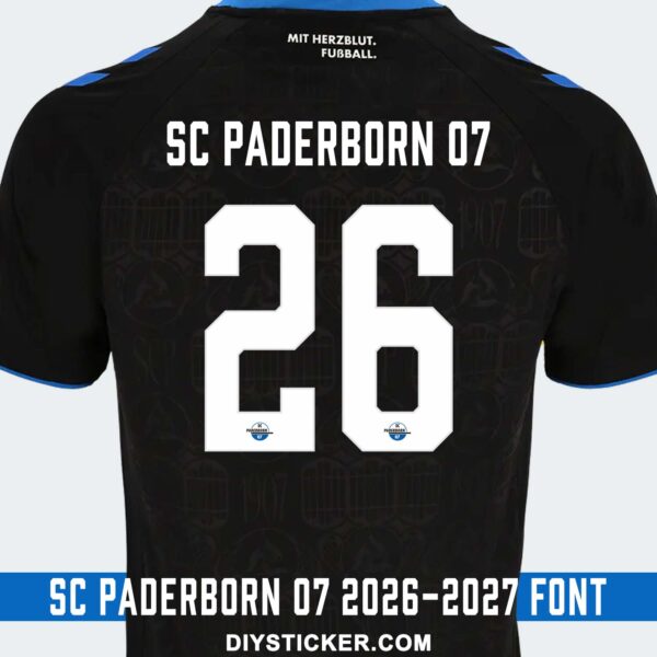 sc-paderborn-07-2026-2027-font--application-effect SC Paderborn 07 2026-2027 font download on black home jersey with white chiseled number twenty six layout