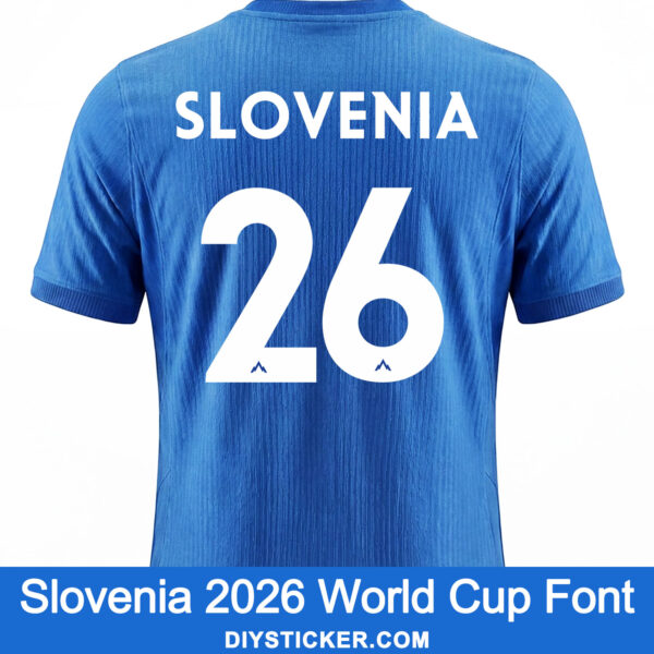 slovenia-2026-world-cup-font-application-effect Slovenia 2026 World Cup font download on blue textured jersey with white number twenty six layout