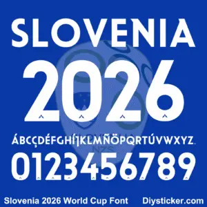 Slovenia 2026 World Cup font TTF vector kit complete character sheet alphabet glyphs and white numbers zero to nine with mountain peak detail