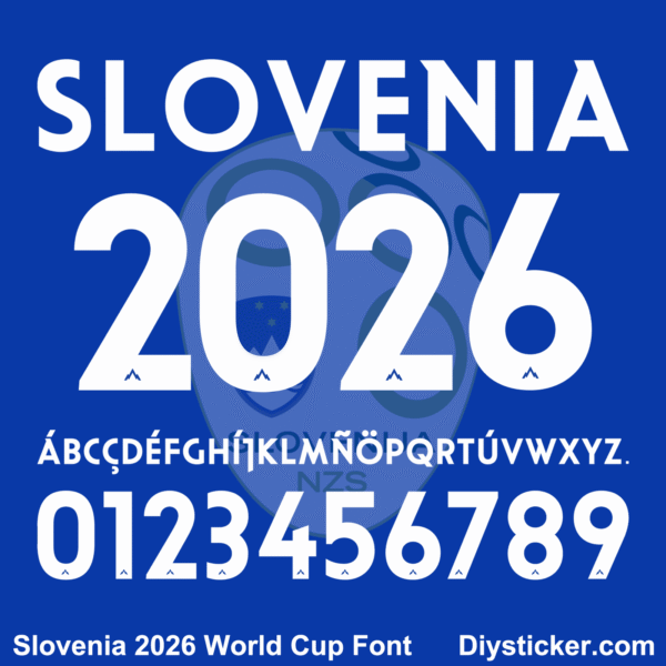 slovenia-2026-world-cup-font-download Slovenia 2026 World Cup font TTF vector kit complete character sheet alphabet glyphs and white numbers zero to nine with mountain peak detail