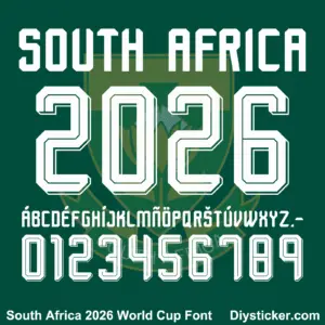 South Africa 2026 World Cup away font TTF vector kit complete character sheet alphabet glyphs and white inline numbers zero to nine