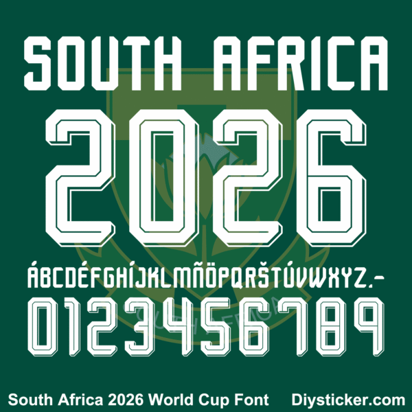 South Africa 2026 World Cup away font TTF vector kit complete character sheet alphabet glyphs and white inline numbers zero to nine
