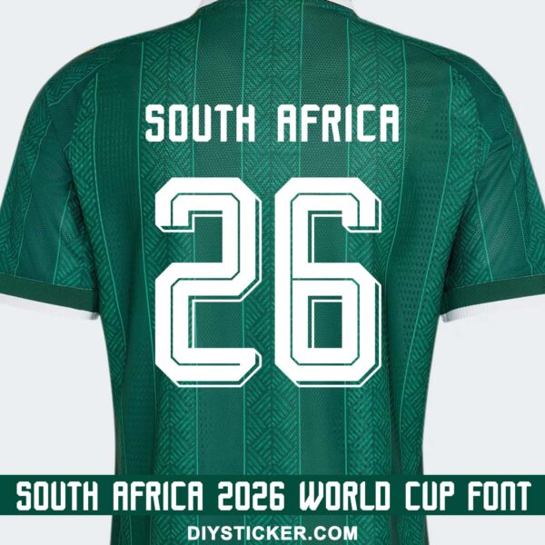 South Africa 2026 World Cup away font download on green patterned jersey with white number twenty six layout