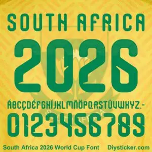 South Africa 2026 World Cup font TTF vector kit complete character sheet alphabet glyphs and green halftone gradient numbers zero to nine