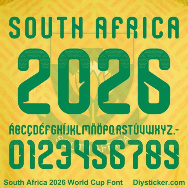 South Africa 2026 World Cup font TTF vector kit complete character sheet alphabet glyphs and green halftone gradient numbers zero to nine