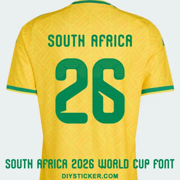 South Africa 2026 World Cup font download on yellow home jersey with green number twenty six layout
